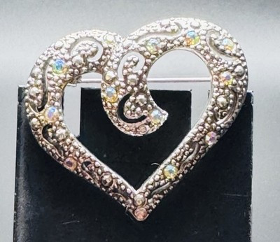 Vintage AAI Silver Tone Heart Brooch Pink AB Rhinestones Faux Marcasite | eBay US