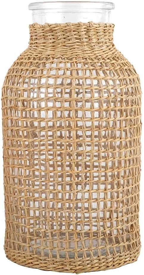 DOITOOL Boho Glass Flower Vase with Rattan Cover, Farmhouse Flower Bud Vase, Round Decorative Flo... | Amazon (US)