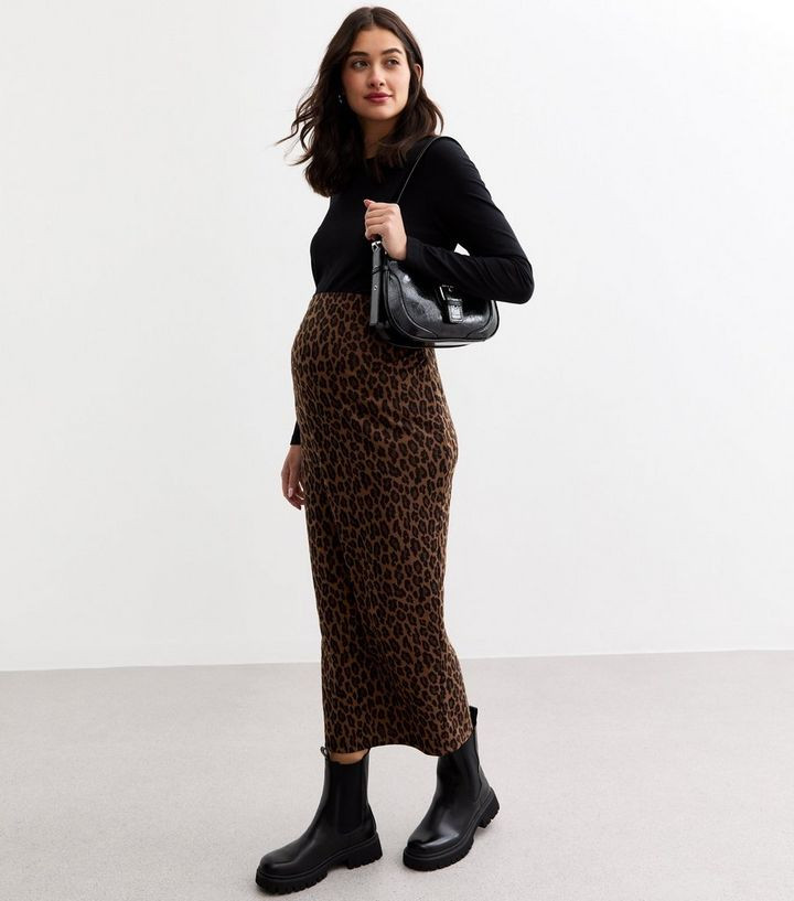 Maternity Brown Leopard Jacquard Midi Skirt | New Look | New Look (UK)