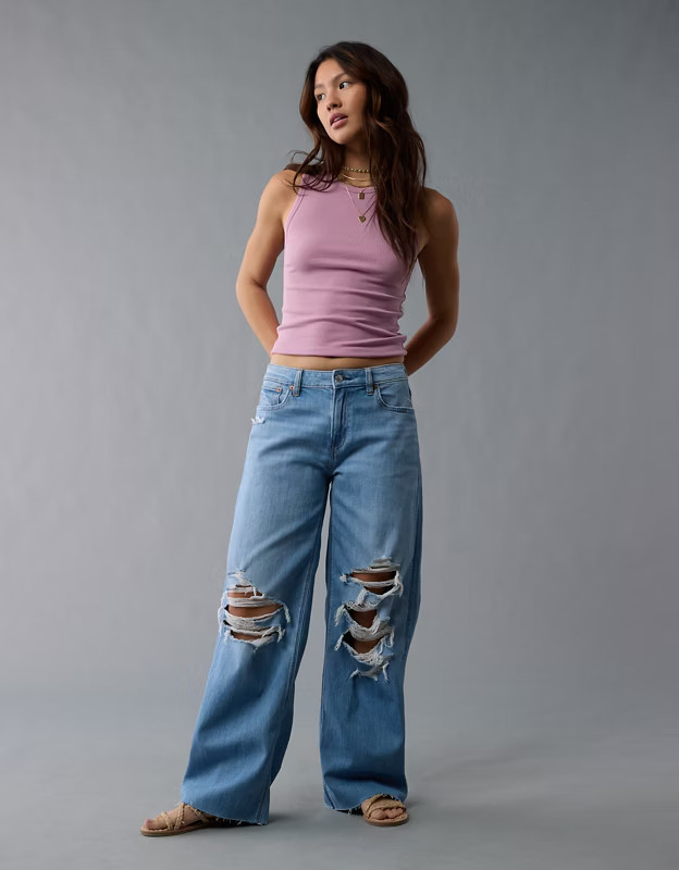 AE Dreamy Drape Stretch Ripped Low-Rise Baggy Wide-Leg Jean | American Eagle Outfitters (US & CA)