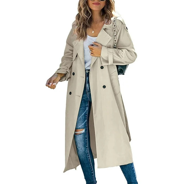 Canrulo Women's Waterproof Double-Breasted Trench Coat Classic Lapel Overcoat Slim Outerwear Coat... | Walmart (US)