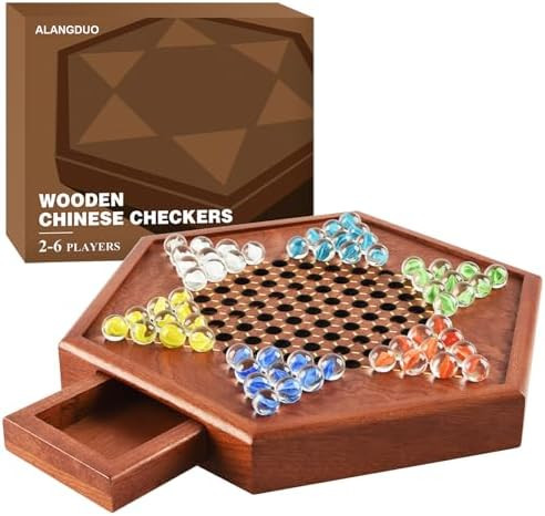 12.7 Inches Wooden Chinese Checkers Set with Storage Drawer -60 Glass Marbles in 6 Colors -12 Bon... | Amazon (US)