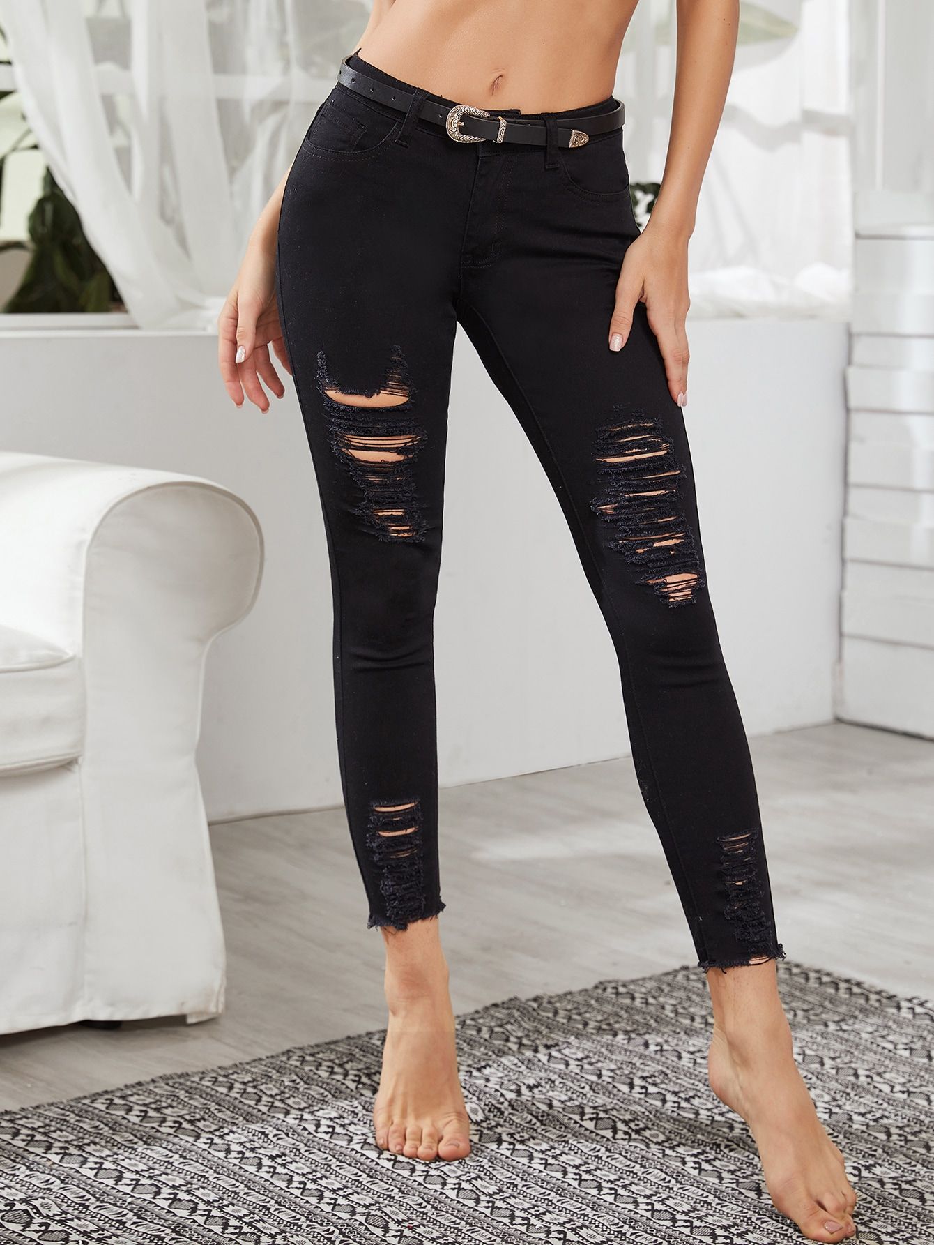 High Waist High Stretch Distressed Jeans Without Belted | SHEIN