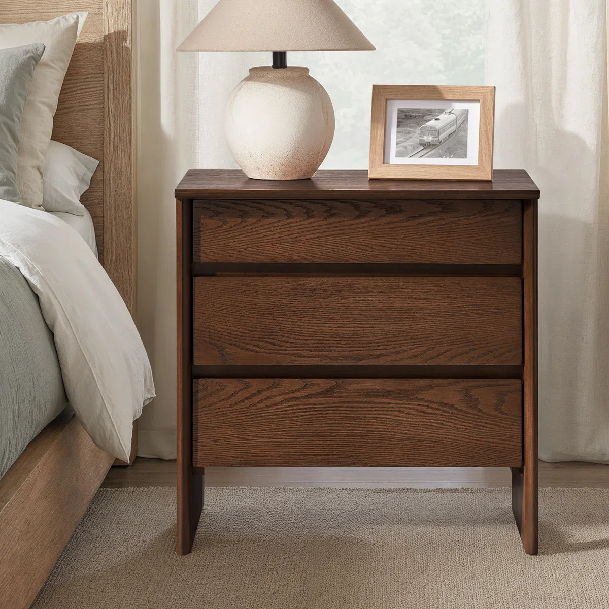 Jepson 24.25''W Fully Assembled Mid-century Modern 3 Soft-Close Drawers Nightstand with Built-In ... | Wayfair North America