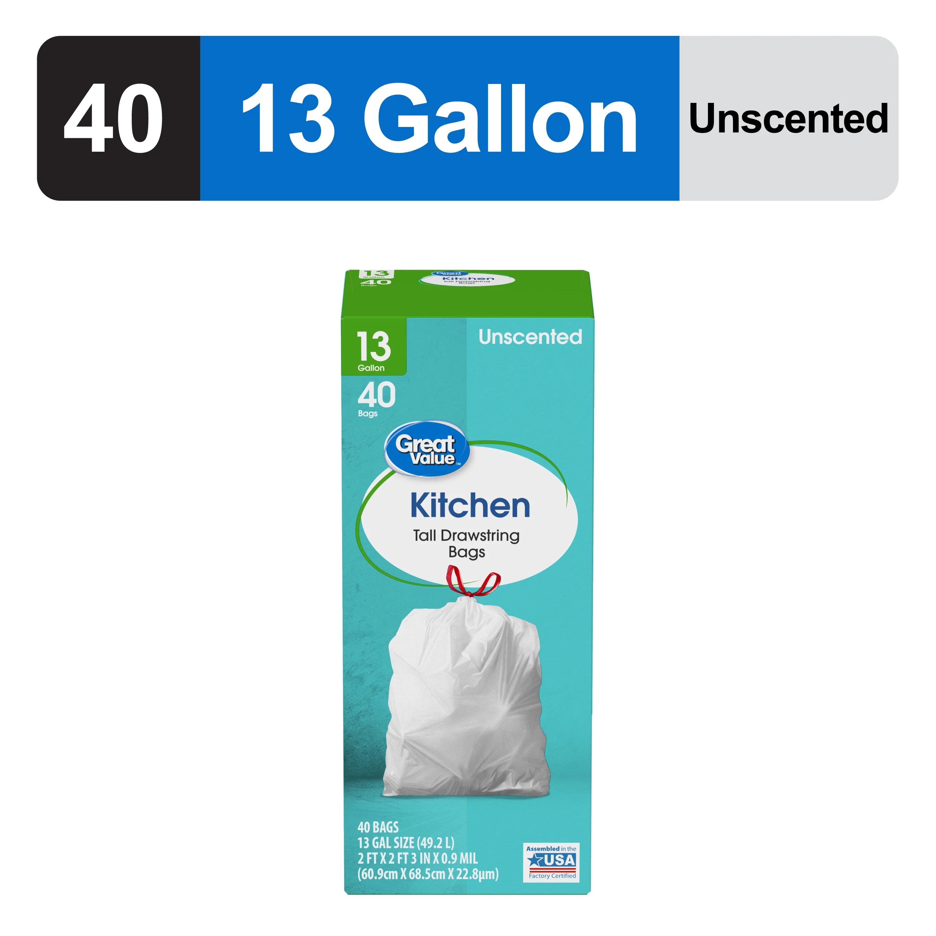 Great Value 13-Gallon Drawstring Tall Kitchen Trash Bags, Unscented, 40 Bags | Walmart (US)