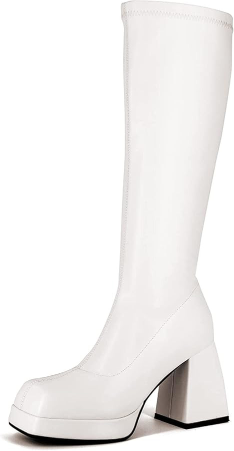 STALOV Platform Gogo Boots for women Knee High Square Toe Tall Boots Block Chunky Heel Stretchy L... | Amazon (US)