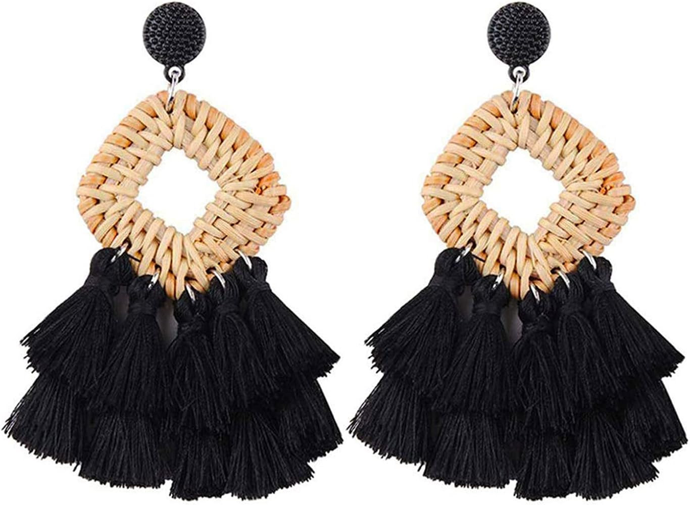 Statement Raffia Earrings for Women Girls Boho Rattan Ball Hoop Dangle Earrings Handmade Bohemia ... | Amazon (US)