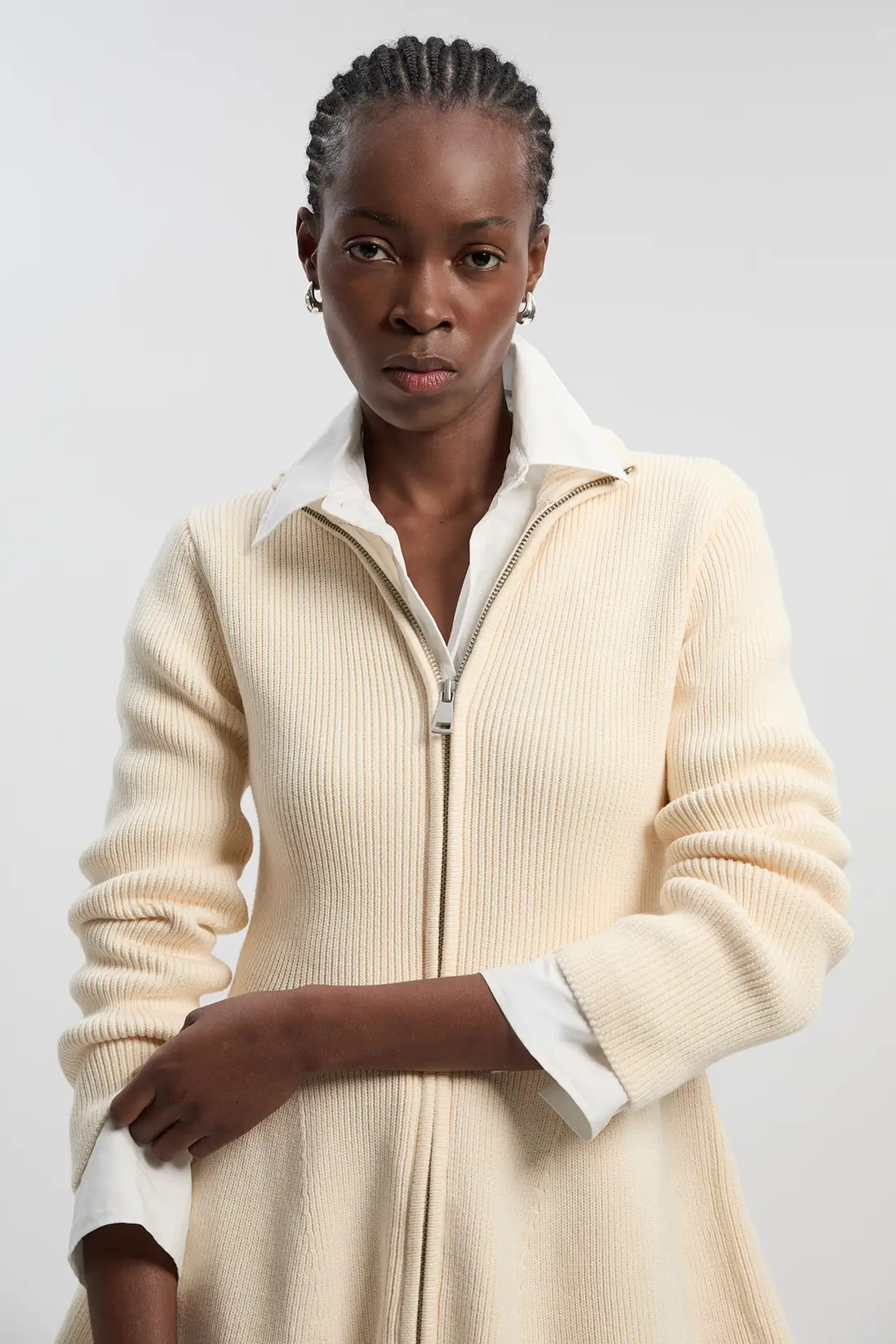 Cotton High Neck Zip Through Longline Knit Jacket | Karen Millen