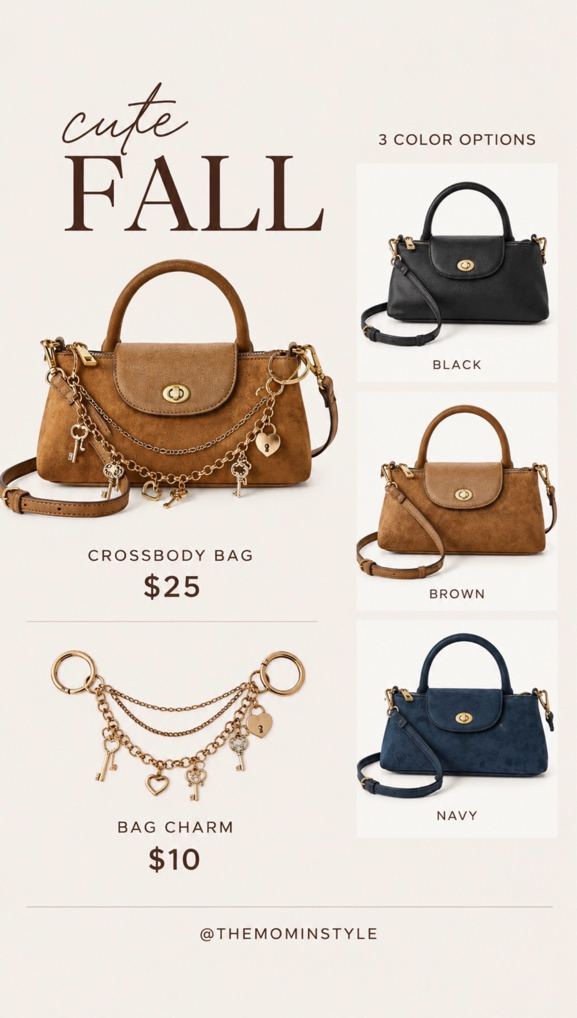 This little crossbody looks way more expensive than $25. I love the structured shape, top handle, and fall color options, plus the $10 charm is such a fun way to make it feel more personal.

fall crossbody bag, affordable handbag, brown handbag, black crossbody, navy handbag, bag charm, fall accessories, mini handbag, structured purse, budget fashion, TheMomInStyle

#LTKootd #LTKSeasonal #LTKOver40