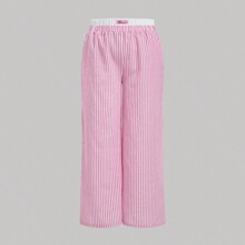 Pink Striped Paneling White HighWaist Loose Fit Straight Leg Pants For Summer | SHEIN