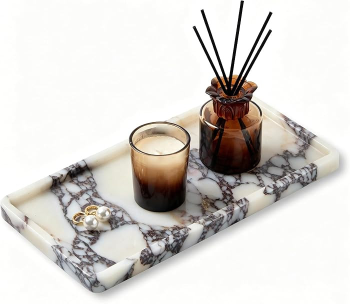 Luxury Natural Rectangle Marble Tray, Modern Makeup Organizer Vanity Decor | Amazon (US)