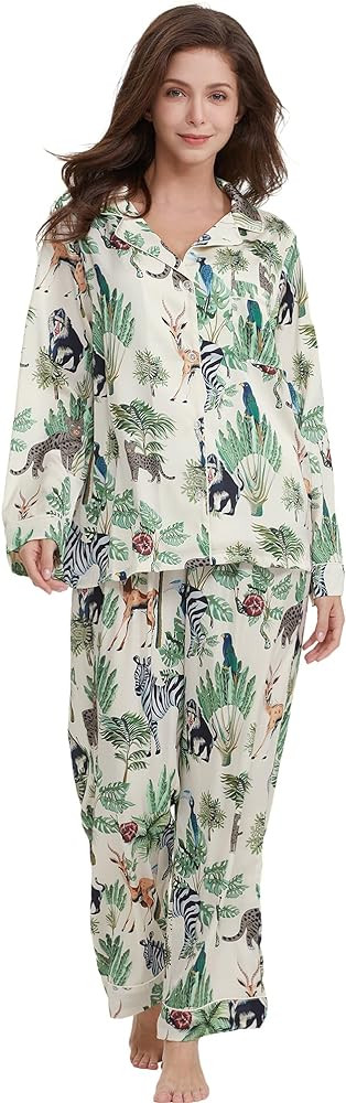 Womens Silk Satin Pajamas Set Button Down 2 Piece Pjs Long Sleeve Oversized Sleepwear with Pocket... | Amazon (US)