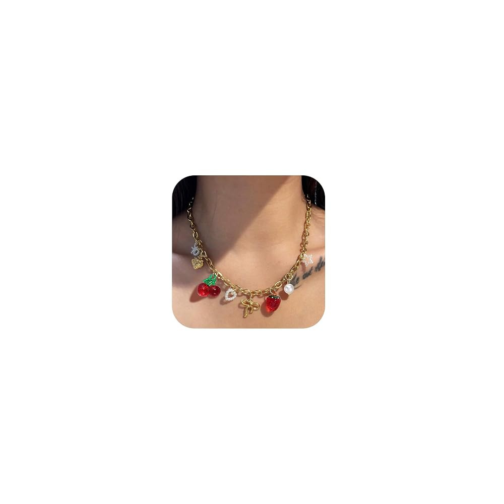Gold Charm Necklace for Women Red Heart Cherry Strawberry Pearl Bow Cross Charms Beach Jewelry fo... | Amazon (US)