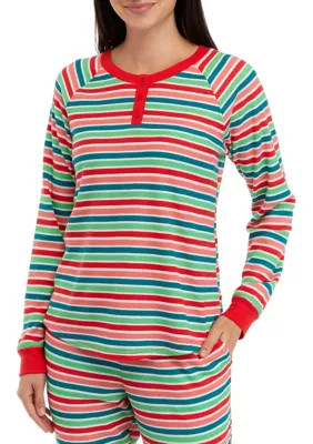 PAJAMARAMA Women's Merry Multi Stripe Long Sleeve Henley Sleep Shirt | Belk