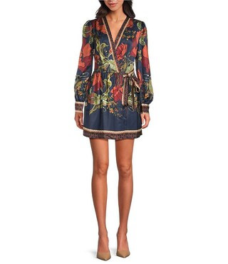 Chelsea & Violet Vanessa Navy Floral Printed V-Neckline Bracelet Length Sleeve Satin Wrap Dress |... | Dillard's