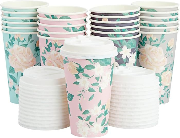 Juvale Floral Paper Coffee Cups with Lids - Disposable Eco-Friendly Paper Cups with Lids for Trav... | Amazon (US)