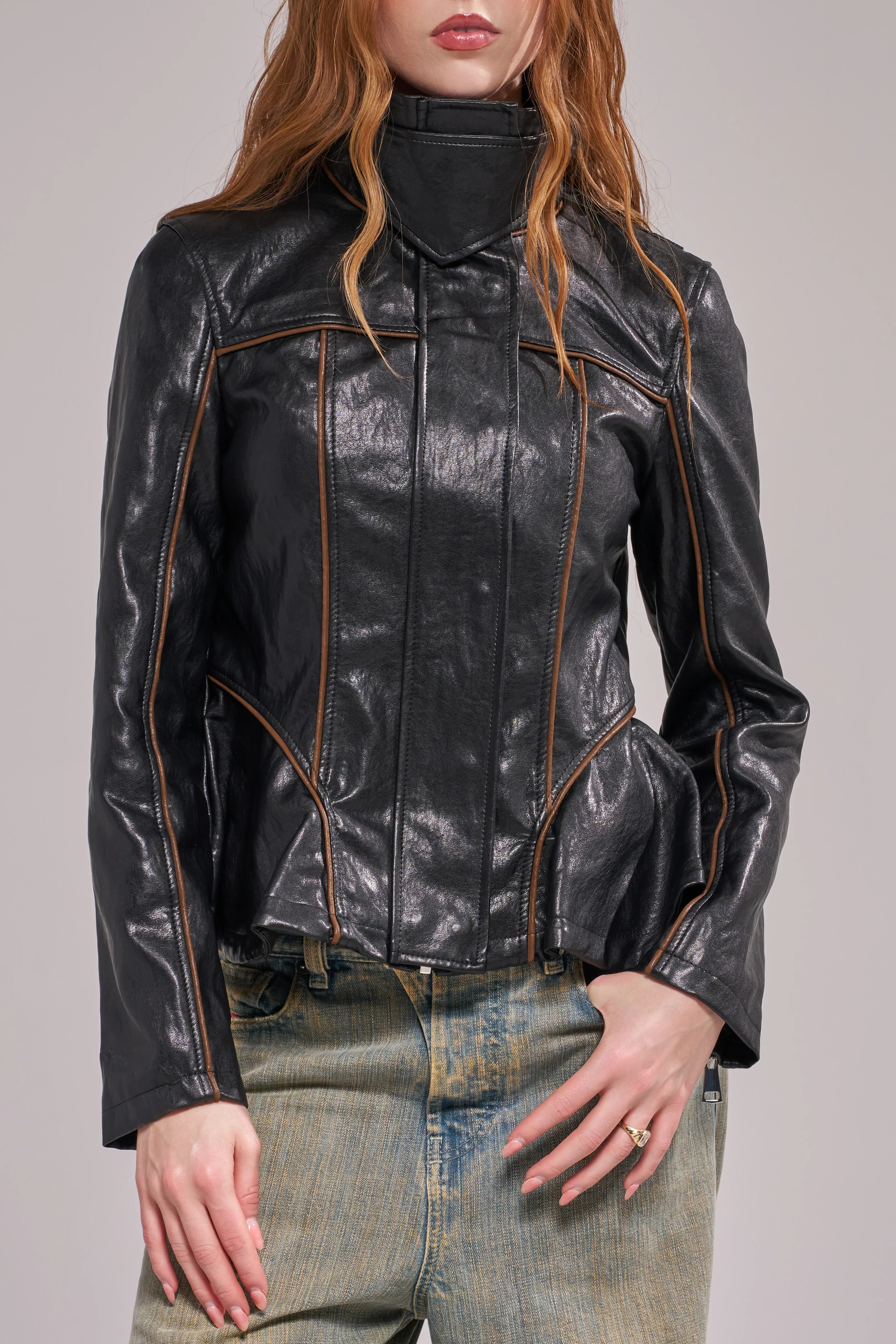 ALLY-BLACK HIGH COLLAR FUNNEL NECK PEPLUM MOTO JACKET | Azalea Wang