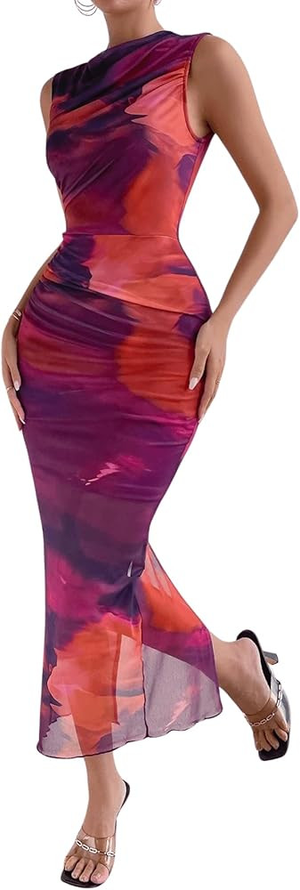 Floerns Women's Sleeveless Tie Dye Mock Neck Ruched Slit Hem Party Bodycon Dress | Amazon (US)