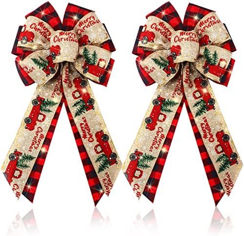 Giegxin Christmas LED Wreath Bow, 2 Pcs Red Truck Burlap Bow Holiday Bow for Christmas Wreath, Chris | Amazon (US)