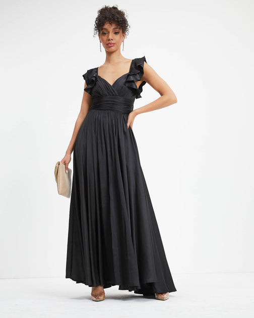 First Class Satin Ruffle Cutout Maxi Dress - Black - FINAL SALE | VICI