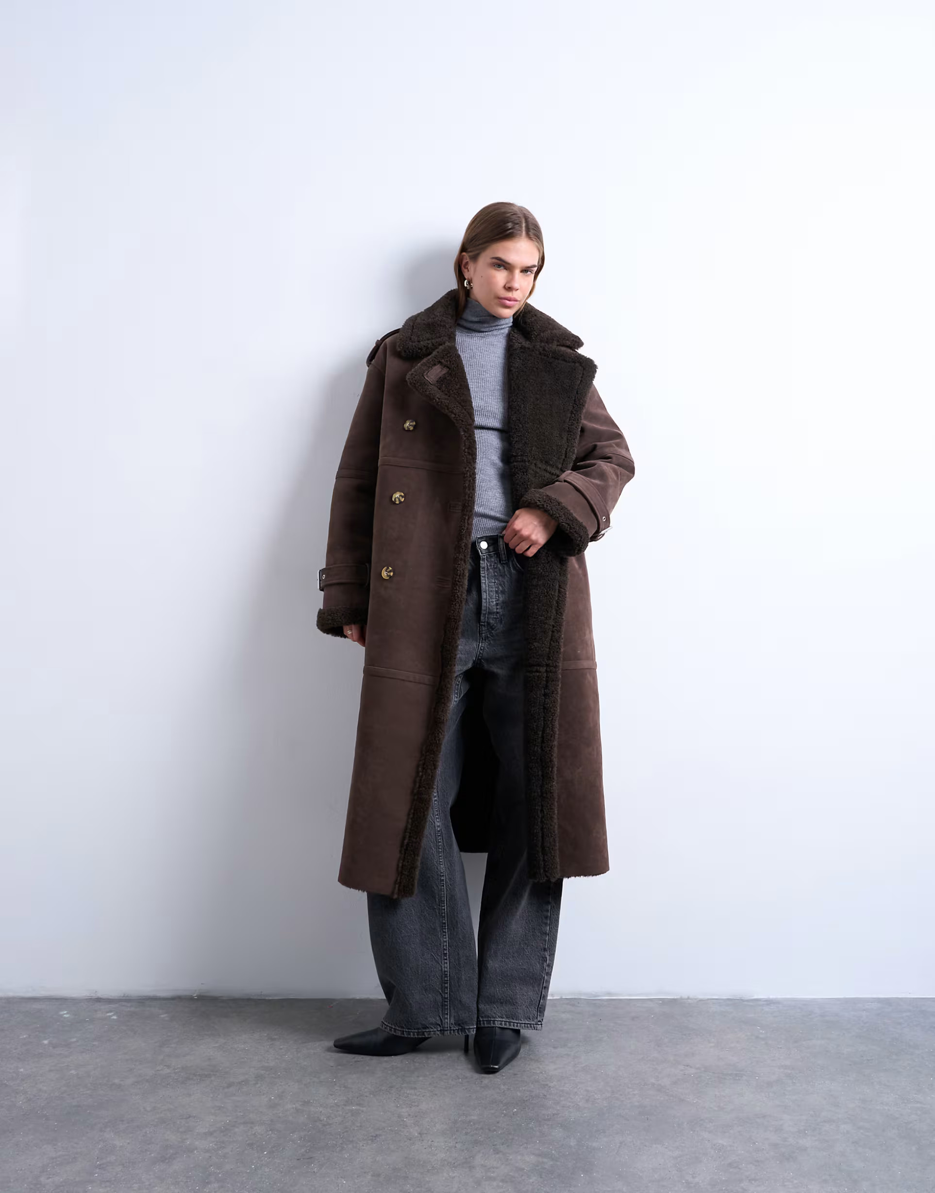 Topshop longline aviator faux shearling jacket in chocolate | ASOS (Global)