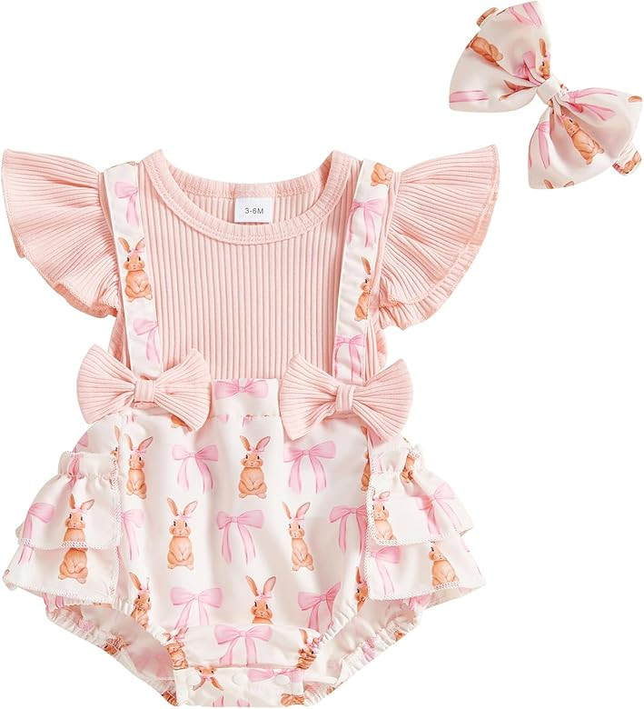 Baby Girls Easter Overall Romper Bunny Embroidered Flutter Sleeve Layered Ruffled Jumpsuit Headba... | Amazon (US)