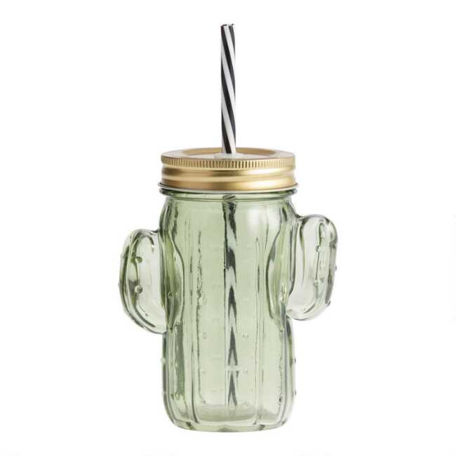 Green Glass Cactus Figural Drink Tumbler With Straw | World Market