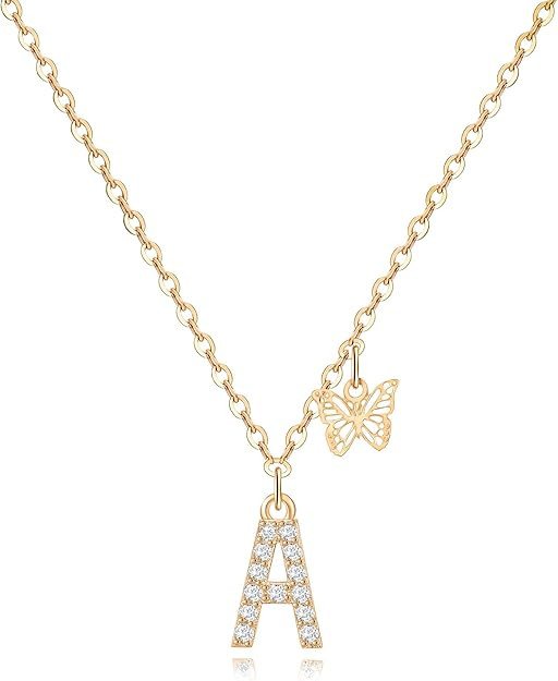 MJartoria Dainty Initial Necklace Butterfly Pendant Necklace, 14K Gold Plated Cubic Zirconia Lett... | Amazon (US)