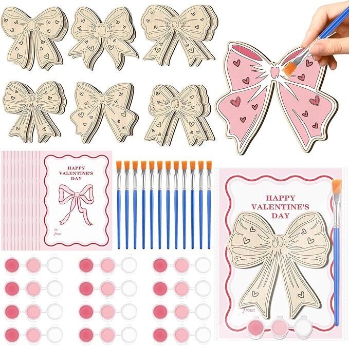 Moonld 12 Sets Valentines Day Pink Bow Canvas Kits Pink Bow Party Favors Wooden Crafts with Cardb... | Amazon (US)