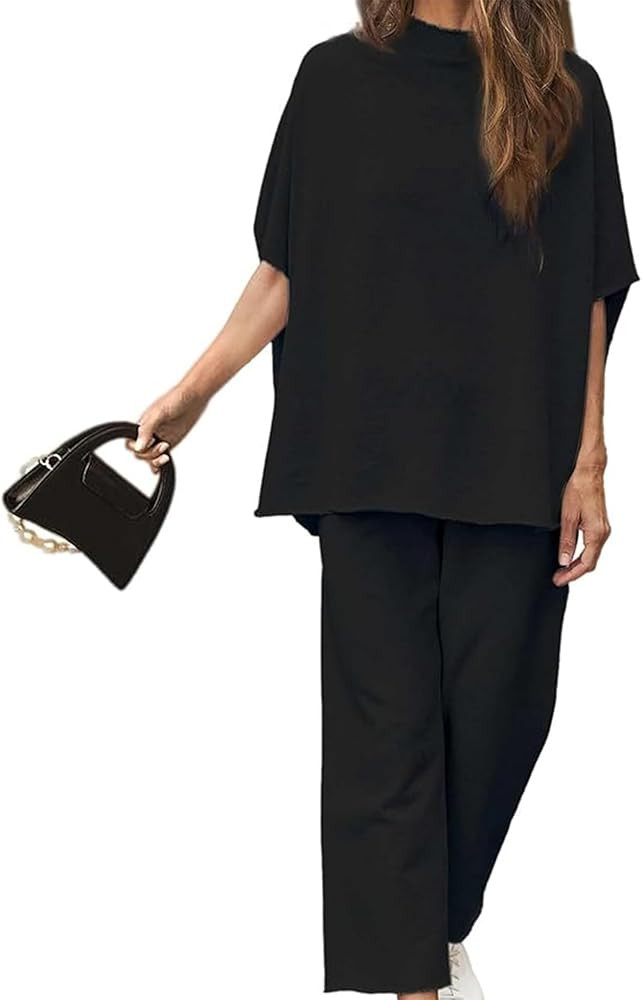 Women's Two Piece Outfits 3/4 Batwing Sleeve Capelet Crew Neck Pullover Top Wide Leg Pants Lounge... | Amazon (US)