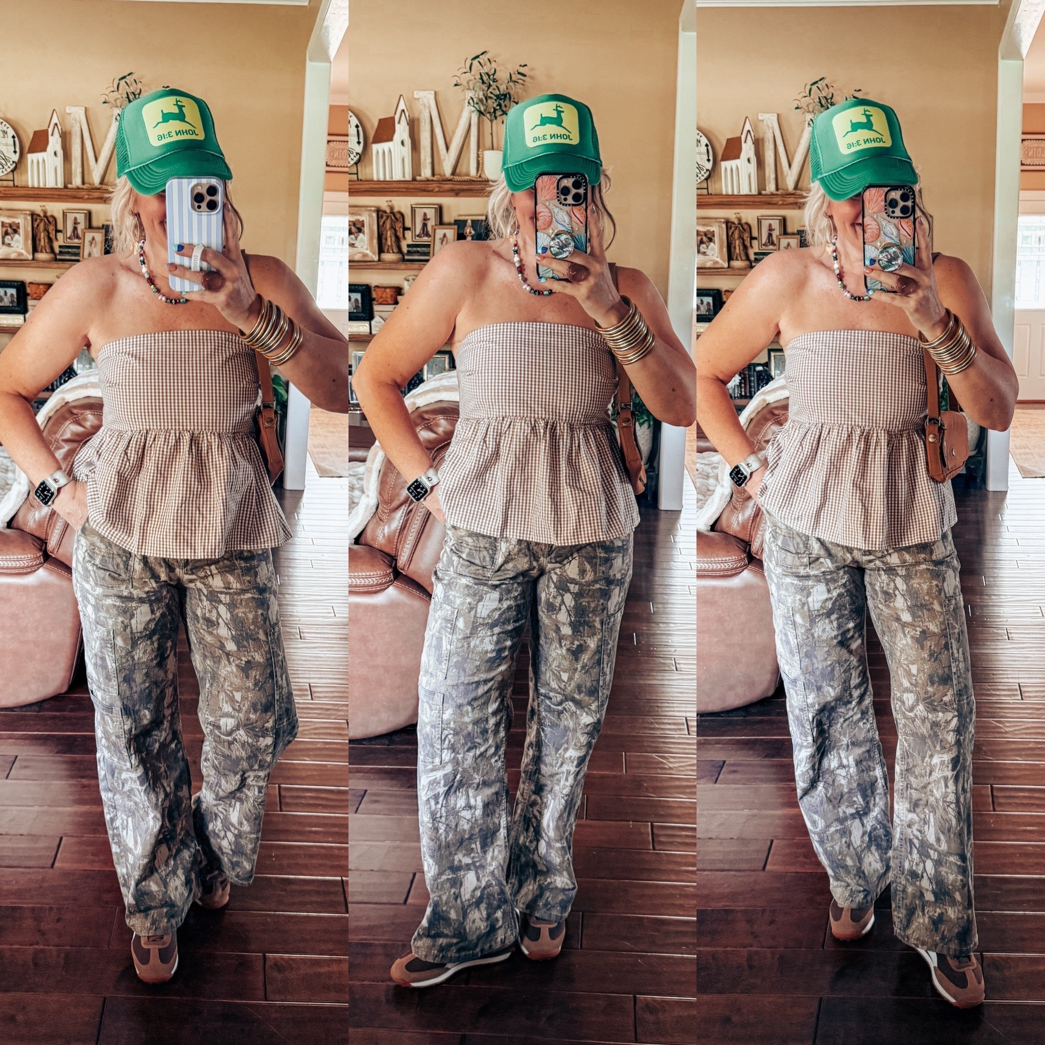 This gingham peplum & camo is SO CUTE! 
Top - M
Camo pants - M
Sneaks - I sized down 1/2 size 
My beaded necklace is @shopbeljoy save with code MANDIE25 

#LTKStyleTip #LTKOver40 #LTKShoeCrush