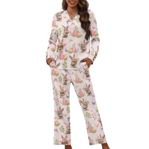 Reanaysto Easter Womens Pajamas Set Cute Bunny Sleepwear Long Sleeve Button Down Pjs Loose Fit Loungewear with Pockets | Amazon (US)