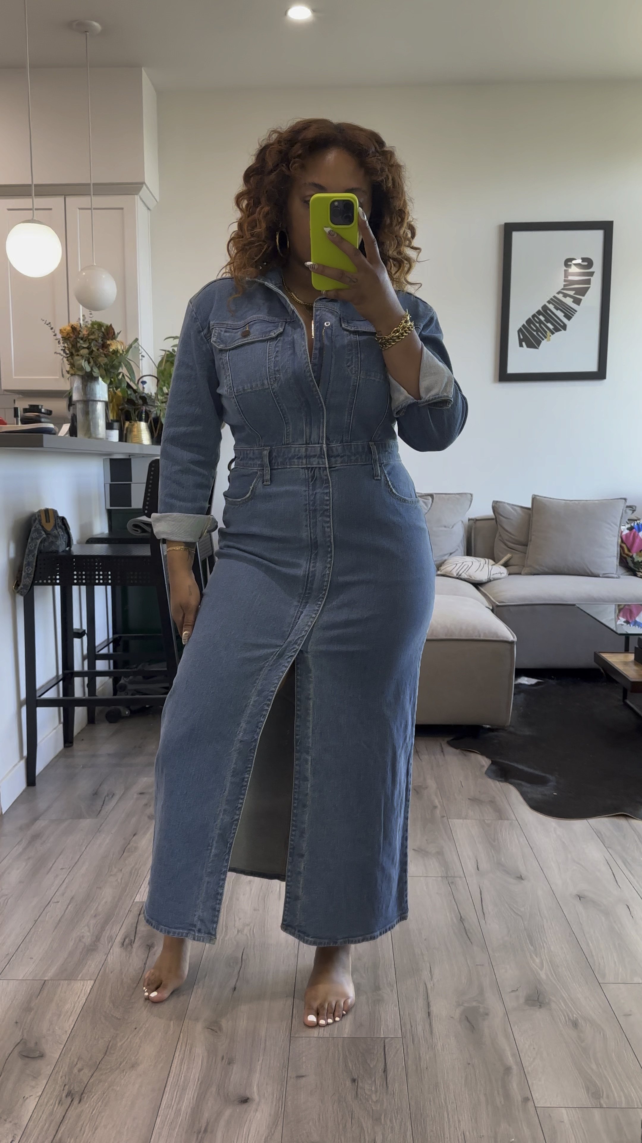 Target Universal Thread Denim Dress 
Wearing a size 10, the dress has stretch. 

#LTKfindsunder50 #LTKmidsize #LTKstyletip