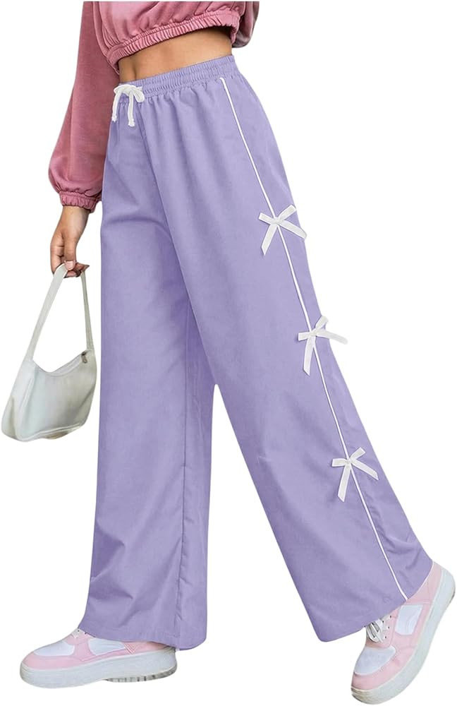 Amazon.com: WDIRARA Girl's Bow Side Waist Track Pants Cute Wide Leg Trousers Black Black 6Y : Clo... | Amazon (US)