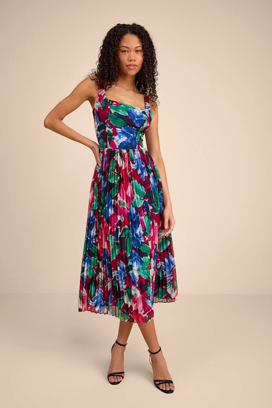 Malanda Fuchsia Multi Floral Pleated Midi Dress | Mexico vacation outfits  | Lulus