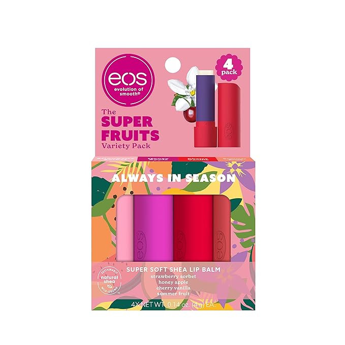 eos Super Soft Shea Lip Balm Sticks, Super Fruits Variety Pack, Strawberry Sorbet, Honey Apple, C... | Amazon (US)