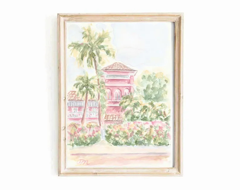 Pastel Pink Palm Beach Print: Preppy Florida Watercolor Coastal Wall Art (digital Download) - Ets... | Etsy (US)