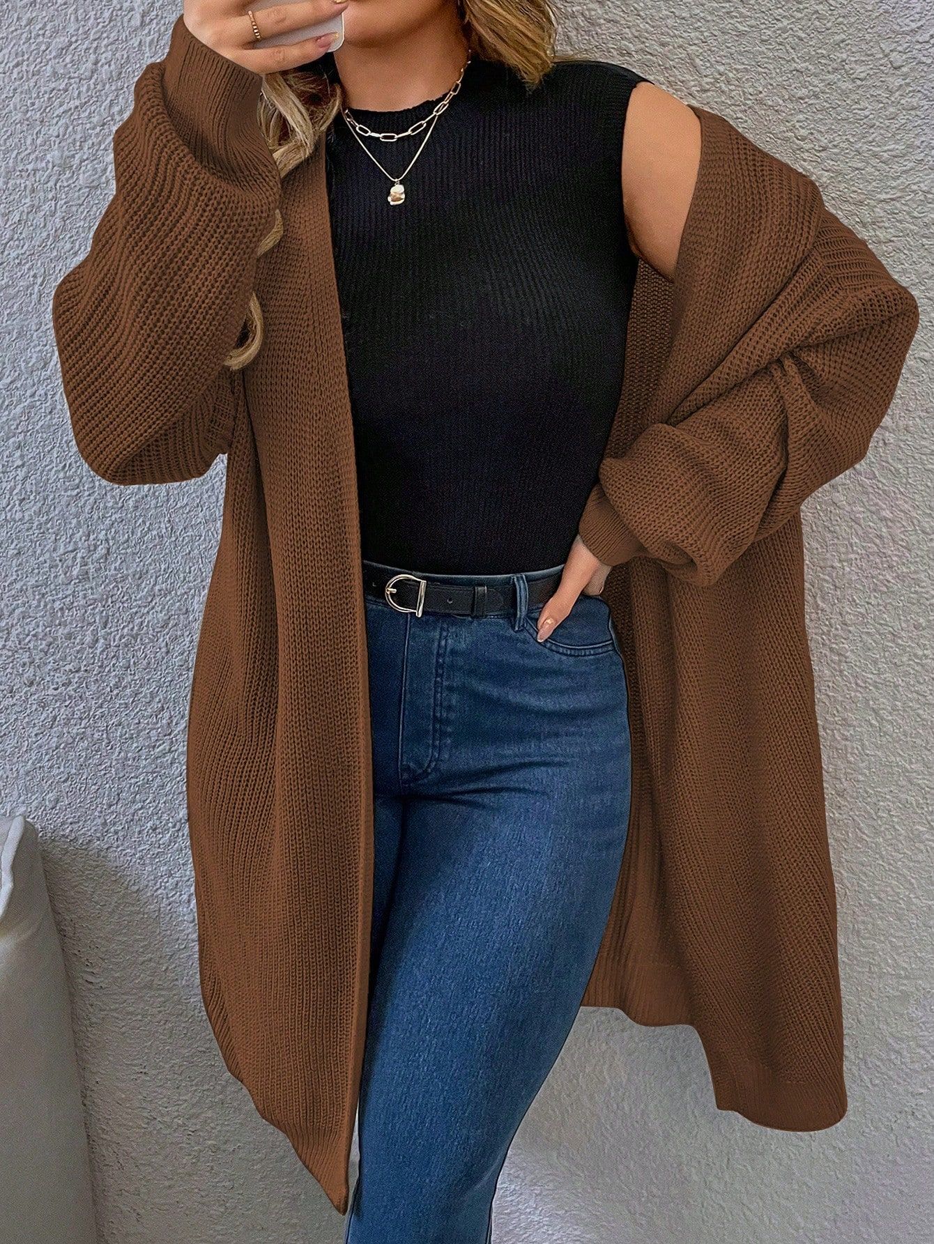 SHEIN Frenchy Plus Drop Shoulder Open Front Cardigan | SHEIN