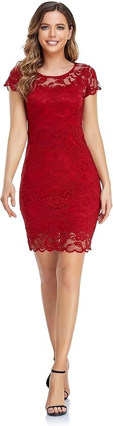 ODCOCD Women's Knee Length Short Sleeve Elegant Lace Dresses/Linning Dresses | Amazon (US)