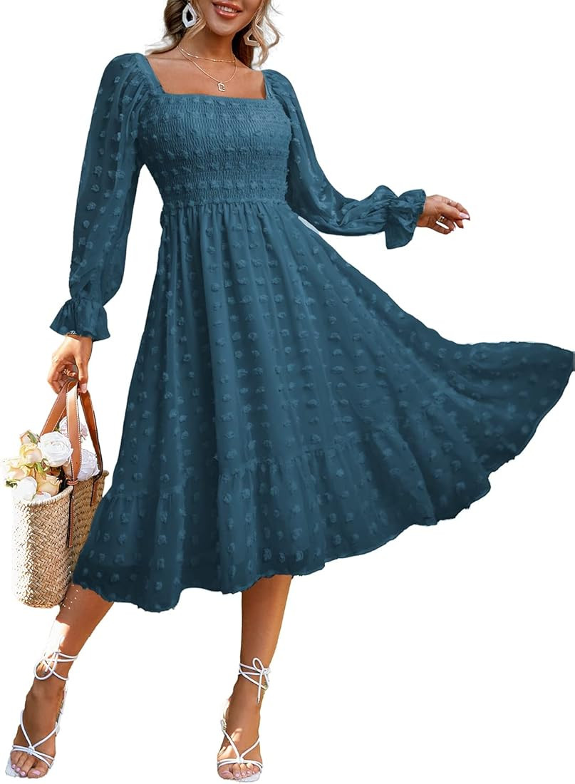 Amegoya Women's Boho Flowy Long Sleeve Square Neck Floral Midi Dress Smocked Spring Fall Wedding ... | Amazon (US)