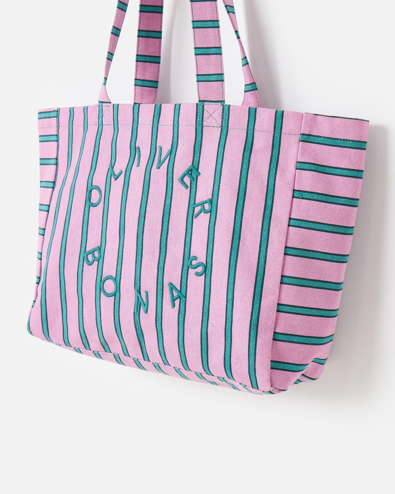 Pink & Green Striped Logo Fabric Tote Shopper Bag | Oliver Bonas | Oliver Bonas (Global)