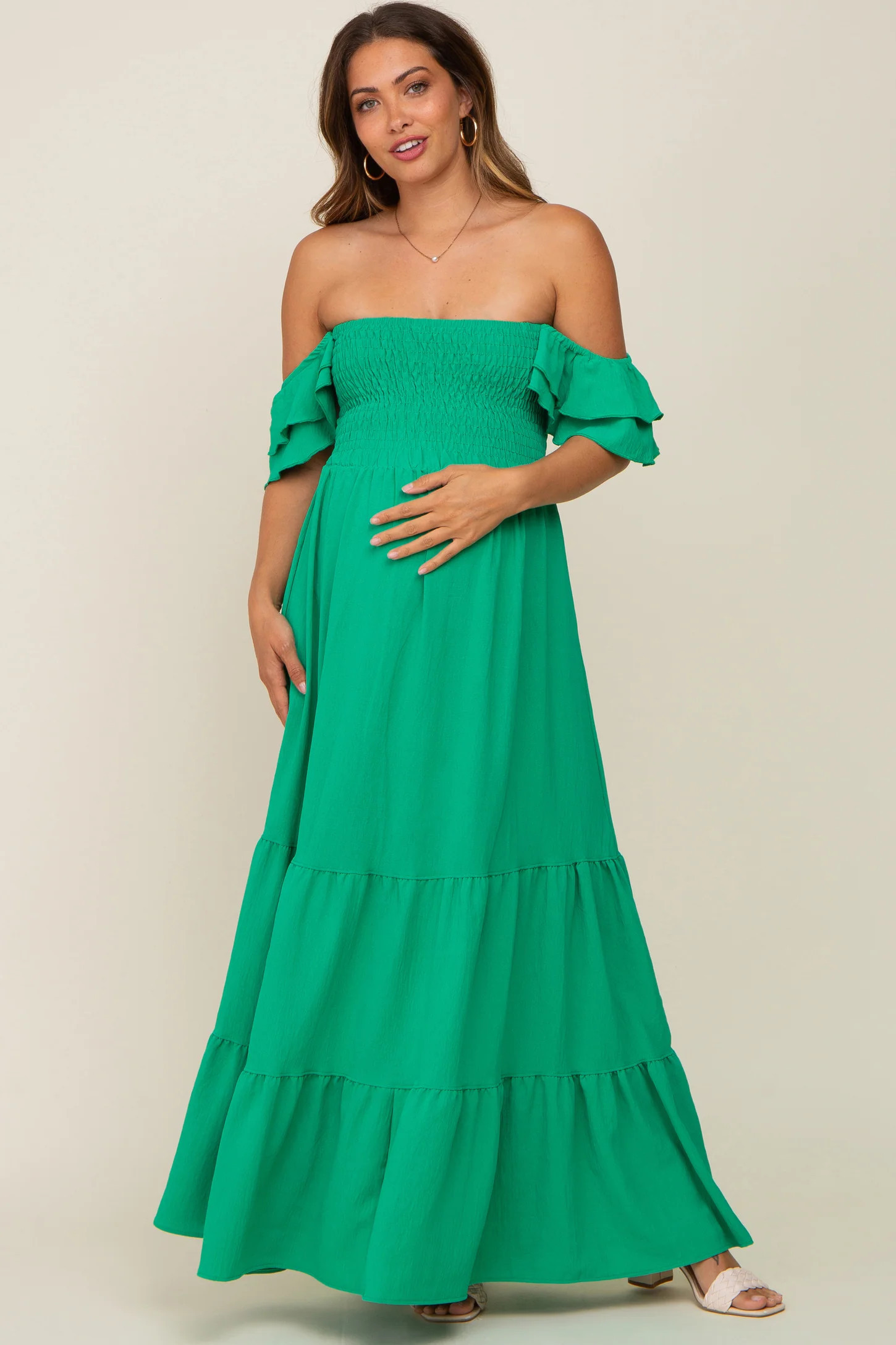 Green Smocked Ruffle Off Shoulder Tiered Maternity Maxi Dress | PinkBlush Maternity
