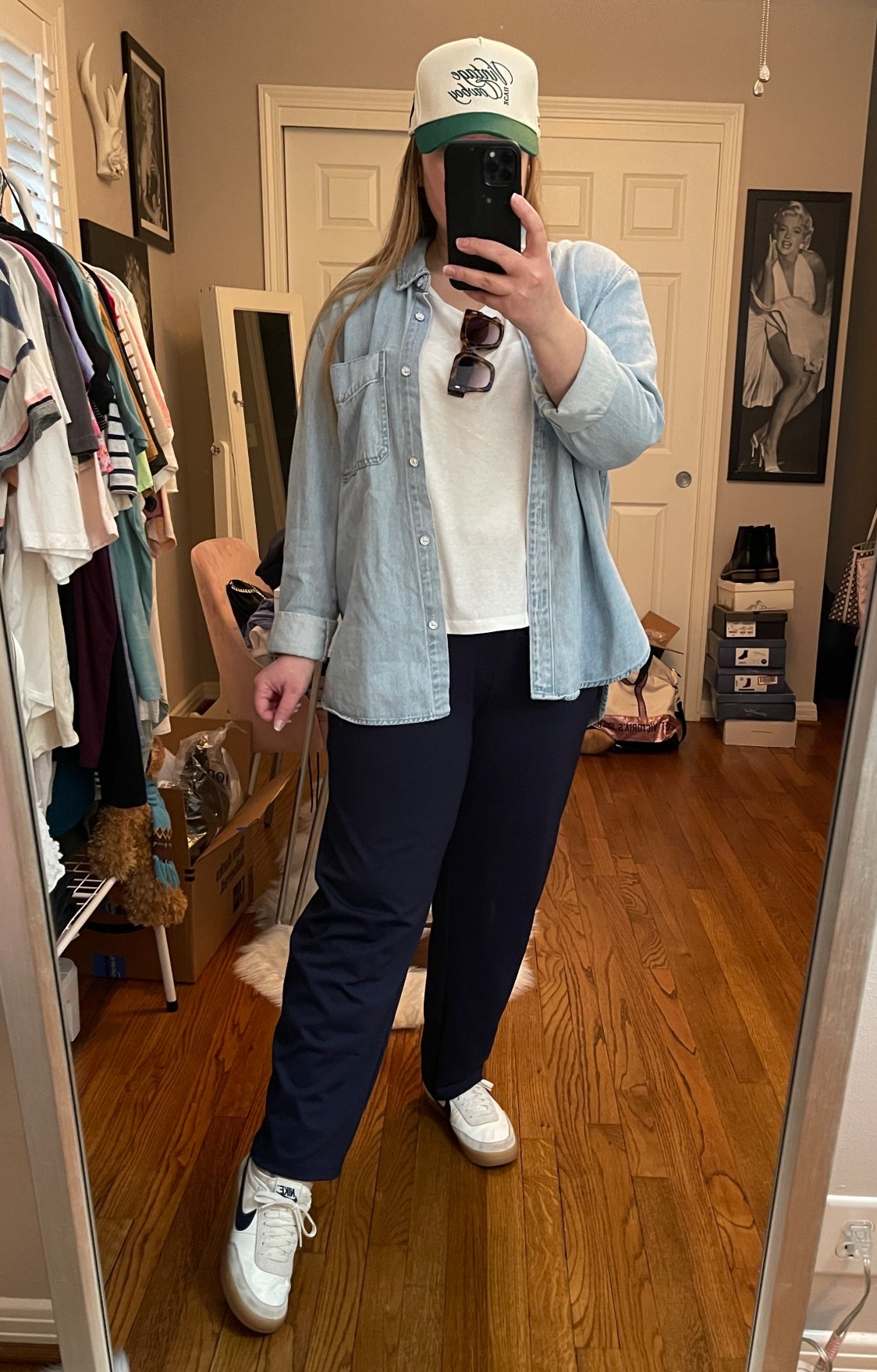 Travel outfit, Nike sneakers, white tee, denim shirt, brown sunglasses, tortoise sunglasses, Amazon pants, Amazon sunglasses, killshot sneakers, ankle pants, navy pants, work pants, stretchy pants, trucker hat, spring outfit, errands, coffee date, breakfast, brunch outfit, casual style, weekend style

#LTKootd #LTKMidsize #LTKTravel