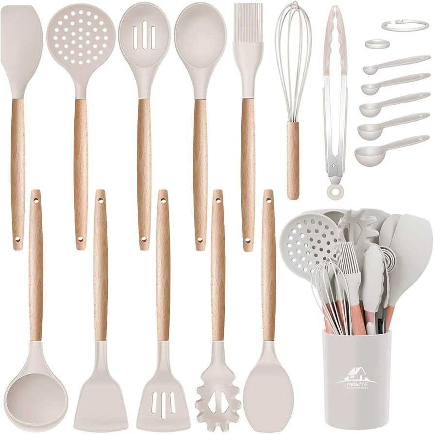 Amazon.com: MIBOTE Silicone Cooking Kitchen Utensils Set with Holder, Wooden Handles BPA Free Non Toxic Silicone Turner Tongs Spatula Spoon Kitchen Gadgets Utensil Set for Nonstick Cookware (Khaki) : Home & Kitchen | Amazon (US)