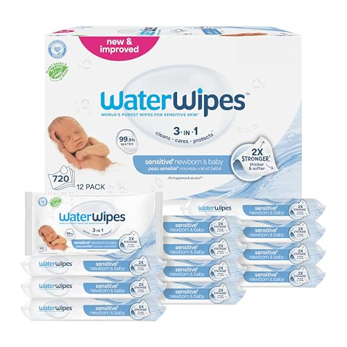 WaterWipes Sensitive+ Newborn & Baby Wipes, 3-In-1 Cleans, Cares, Protects, 99.9% Water, Unscented & Hypoallergenic, 720 Count (12 Packs) | Amazon (US)