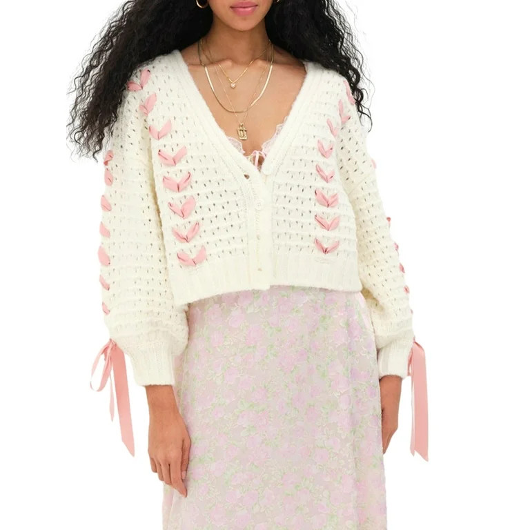 aturustex Women's Long Sleeve Cropped Cardigan, Contrast V-Neck Tie Sweater | Walmart (US)