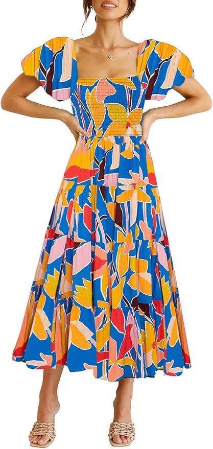 GOLDSTITCH Women's Smocked Maxi Dress Square Neck Ruffle Hem Puffy Short Sleeve Flowy Midi Dress | Amazon (US)