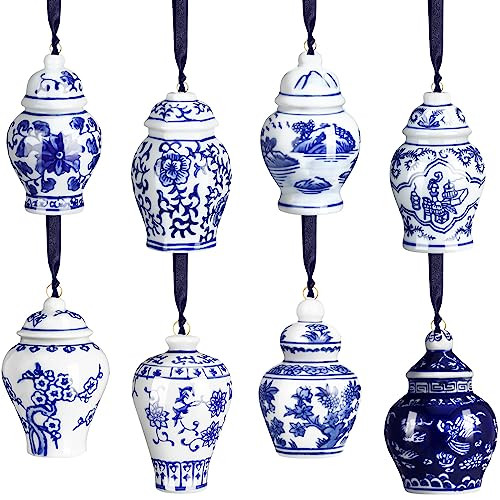 Christmas Mini Ginger Jar Ornaments Chinoiserie Porcelain Hanging Ornaments Blue and White Christmas Ornaments Vintage Chinoiserie Christmas Hanging Pendant for Tree Decor (Elegant Style, 8 Pieces) | Amazon (US)