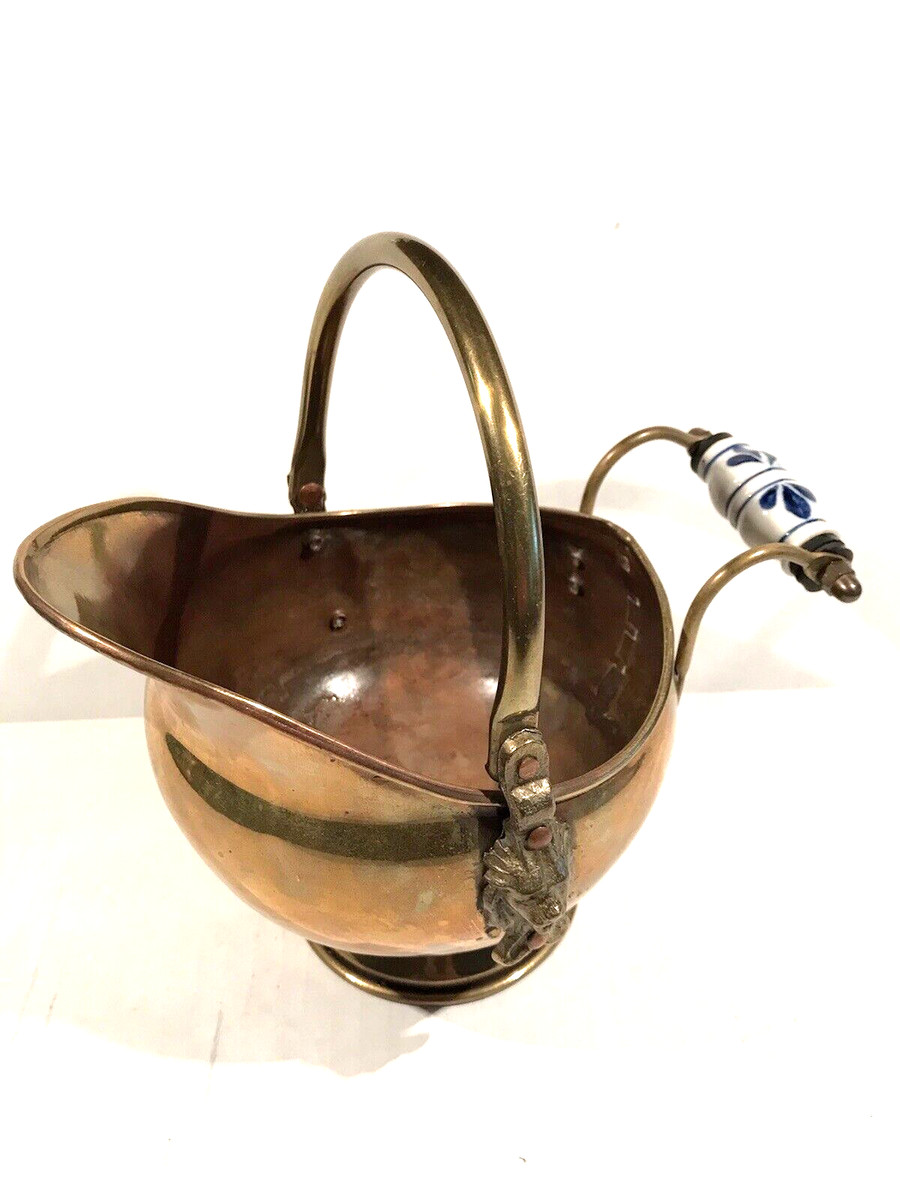 Scuttle Bucket with White Blue Porcelain Handle Coal Ash Antique Copper & Brass | eBay US