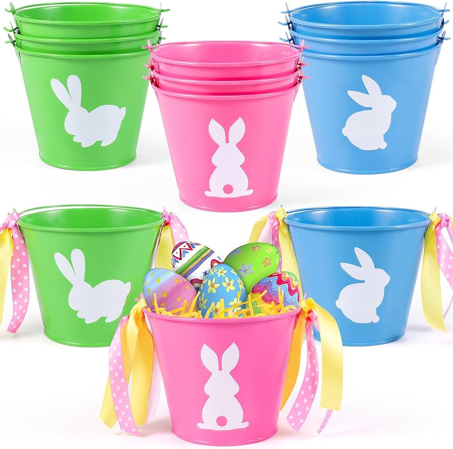9 Pieces Easter Baskets for Kids 3 Style Easter Eggs Hunt Basket Easter Bunny Metal Bucket with H... | Amazon (US)